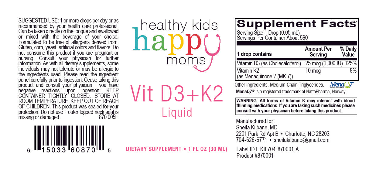 Healthy Kids Happy Moms Vitamin D3+K2 Liquid - 1 oz