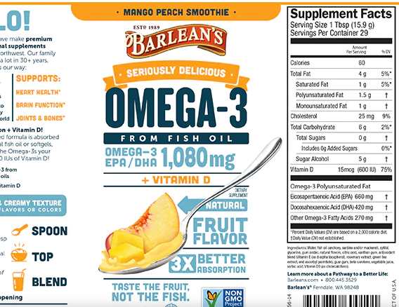 Omega Swirl Mango Peach by Barlean's - 16 oz