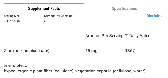 Pure Encapsulations Zinc 15mg - 60 Capsules